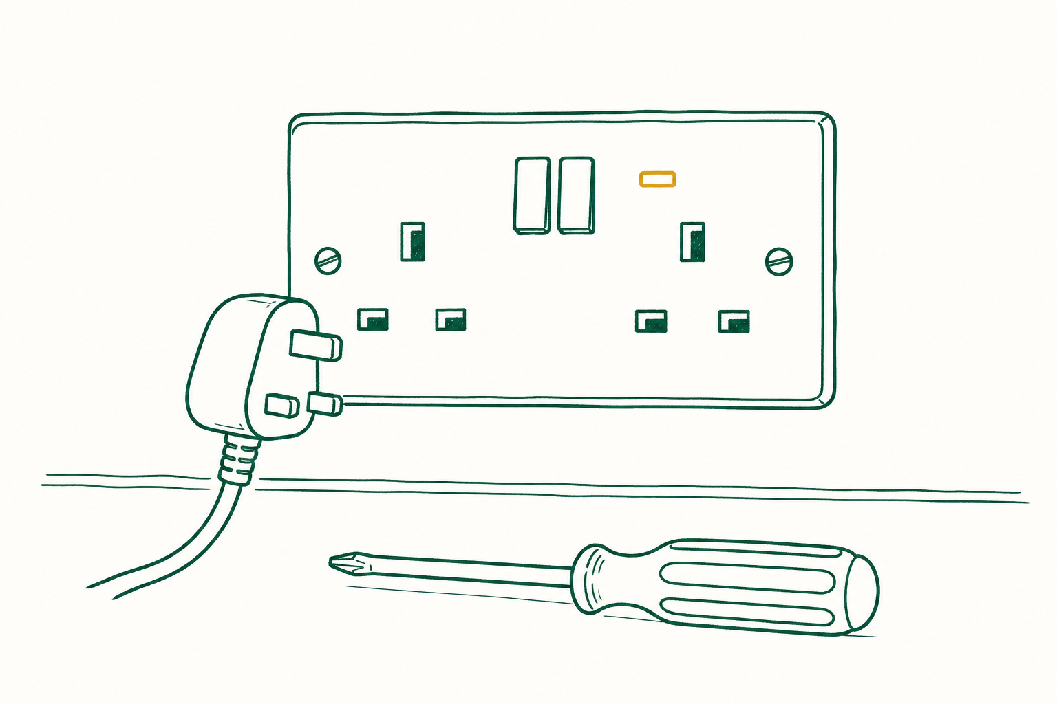 Illustration of a UK 13A double socket with a plug lifted out and a screwdriver alongside