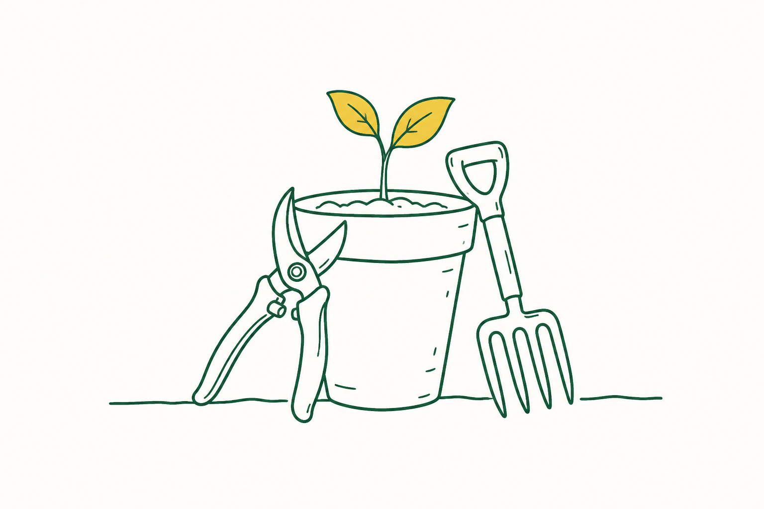 Illustration of secateurs, a garden fork and a potted sprout