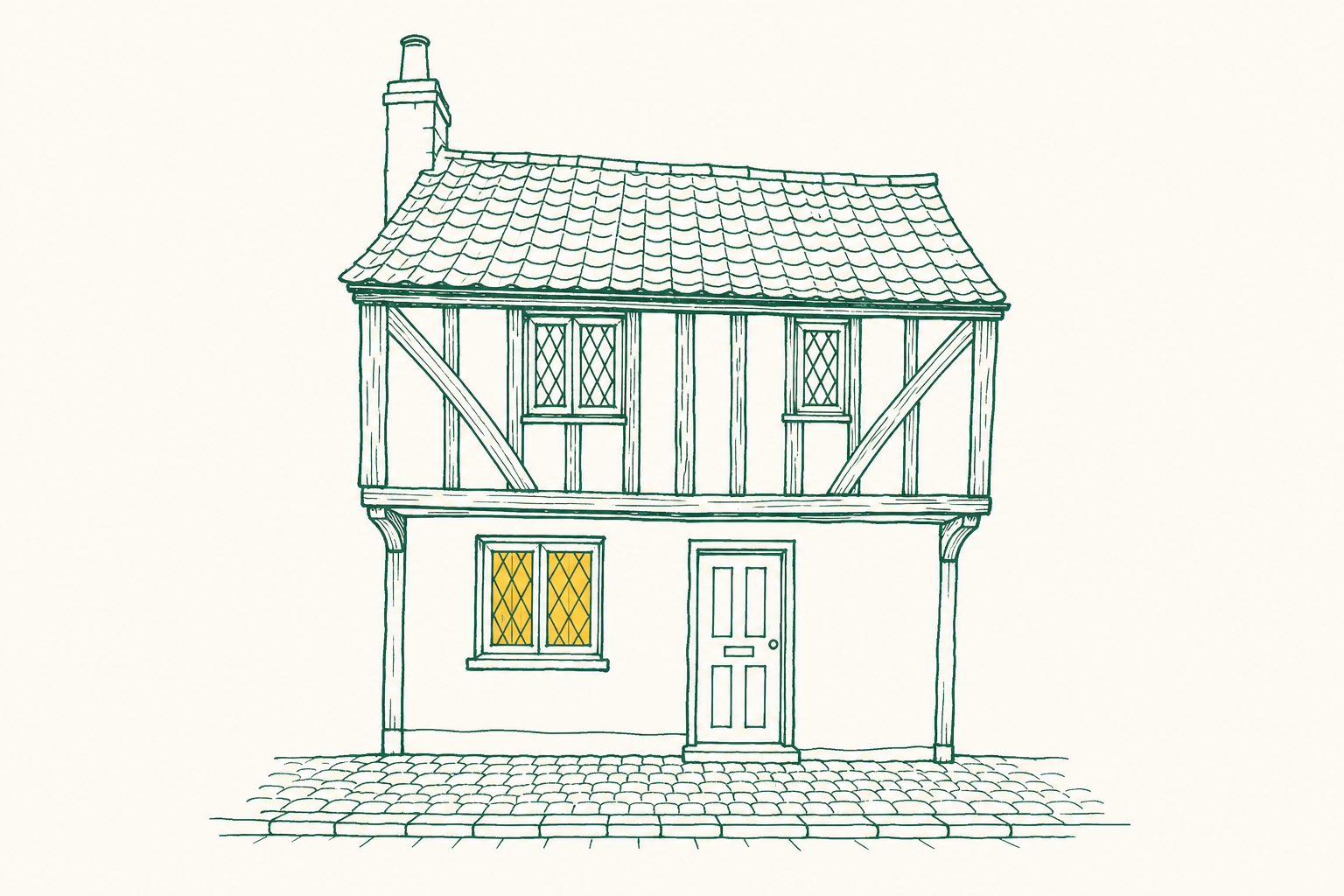 Illustration of a Sandwich timber-frame cottage with a lawnmower parked outside and a warmly-lit downstairs window