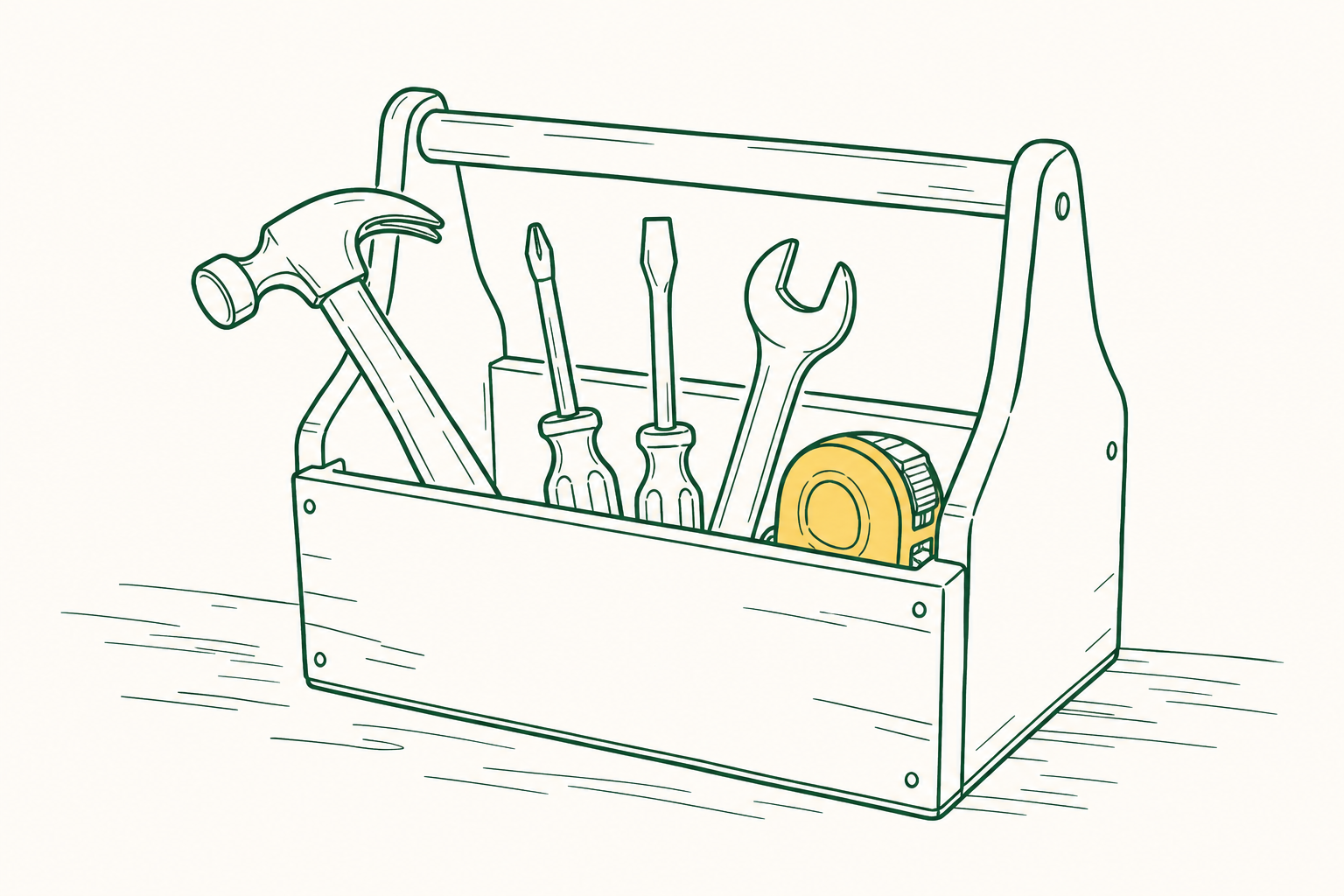 Illustration of an open wooden toolbox with a hammer, screwdrivers, spanner and yellow-cased tape measure